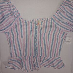 TRUE DESTINY CROPPED SHORT SLEEVE TOP WHITE BLUE PINK SIZE SMALL SPRING SUMMER